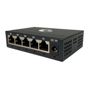 black metal rectangular box front view of SG5D network switch